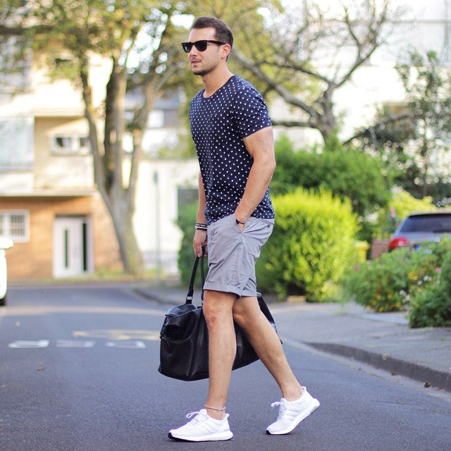 light grey short and navy polka dots outfit for men