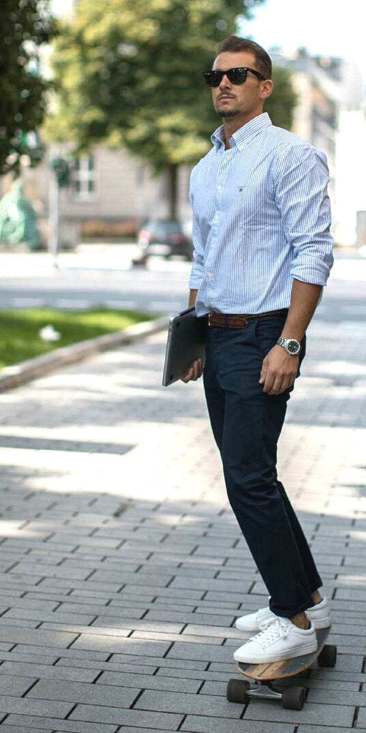 Navy chinos + Light blue stripe shirt + White sneakers