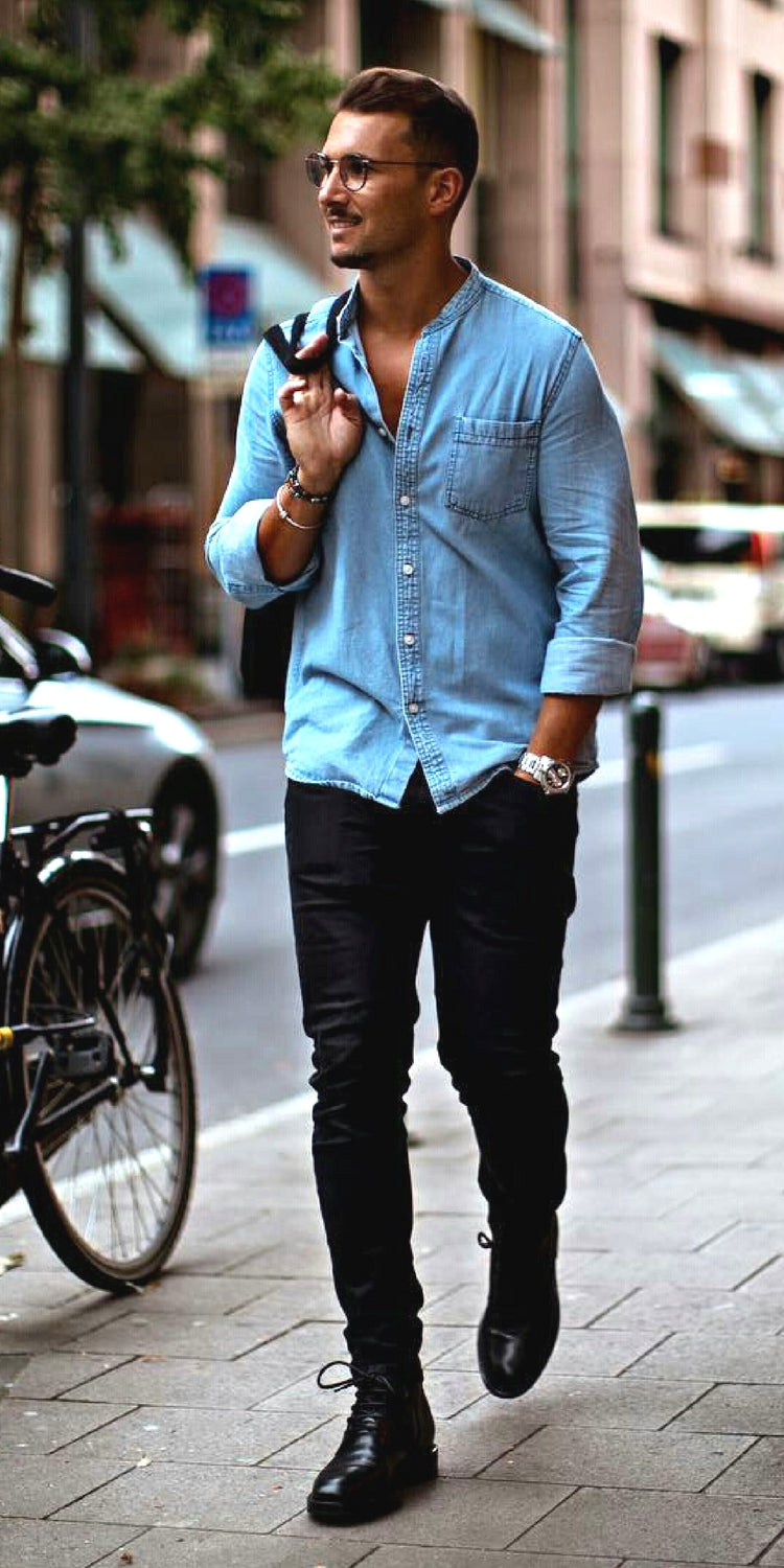 Denim shirt + Black jeans + Black boots