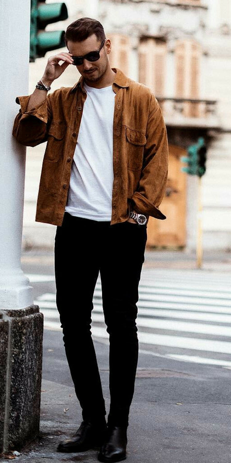 White crew neck t-shirt + Black jeans + Tan shirt + Black boots
