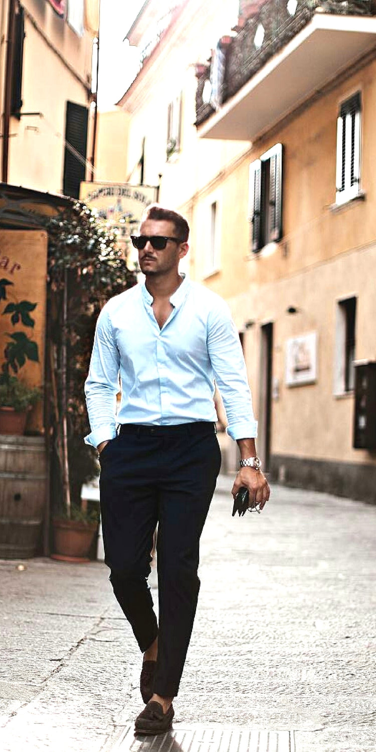 Navy pants + Light blue shirt + Suede tassel loafers